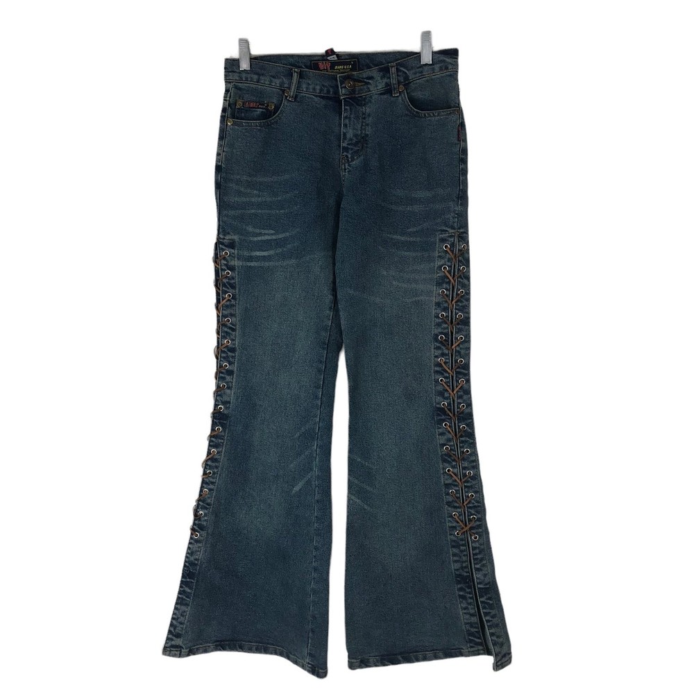 Vintage 80s-90s HIT Jeans USA, Flare Leg, BOHO Gypse, Leather Side Straps SZ 7/8
